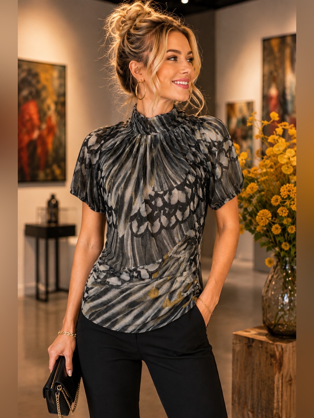 Per Se Carlisle Pleated Mock Neck Blouse M Gray Butterfly Print Career Chic